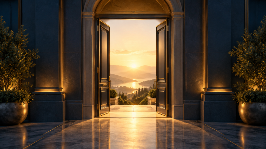Elegant open doorway centered in a navy architectural setting, revealing a sunlit golden landscape